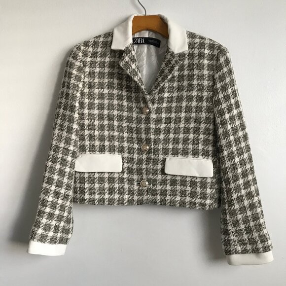Zara Crop Boxy Blazer Jacket Gray Check Womens Small - Picture 1 of 10